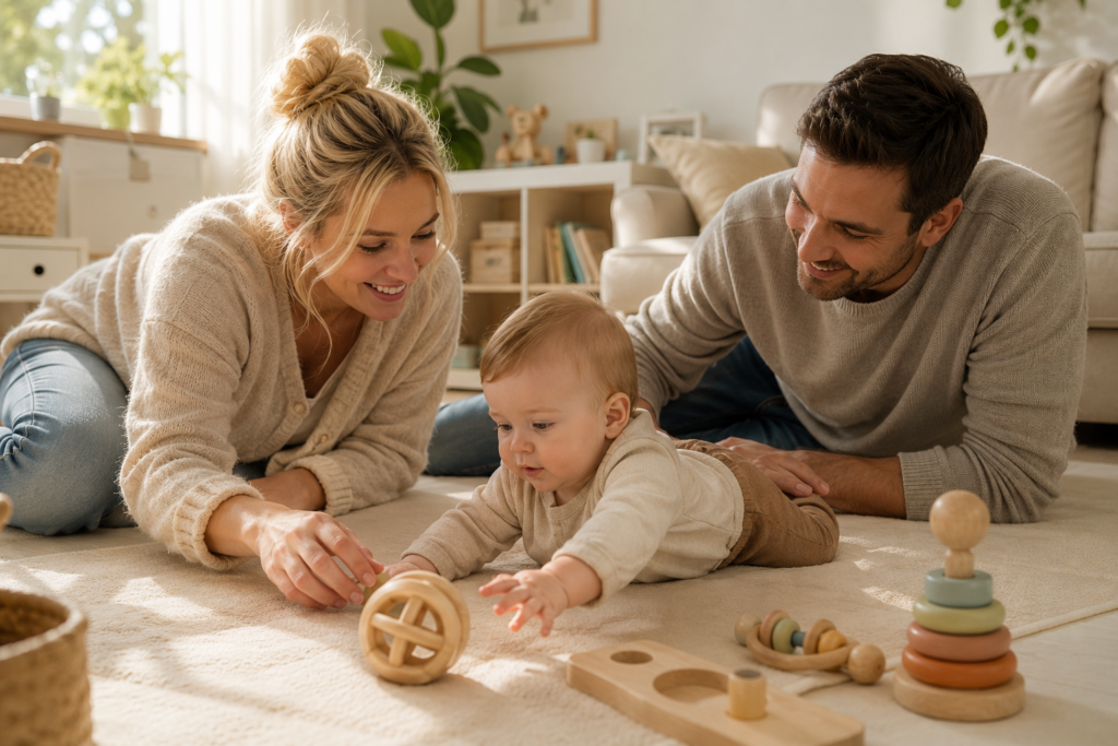 Eltern fördern ihr Baby spielerisch während der Bauchlage in einer liebevollen Familienumgebung.