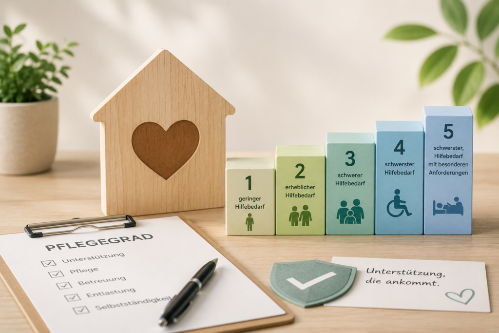 Stilisiertes Symbolbild zum Thema Pflegegrad mit Checkliste, Haus und Darstellung der fünf Pflegegrade.