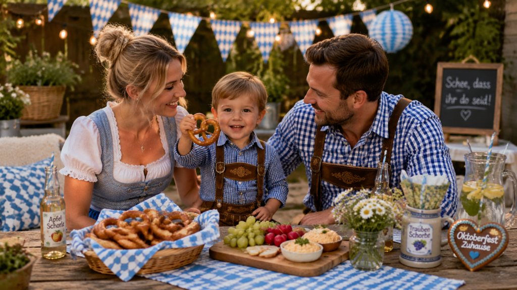 Familie feiert ein gemütliches Oktoberfest zuhause im Garten mit Brezeln, blau-weißer Dekoration und herbstlicher Atmosphäre.
