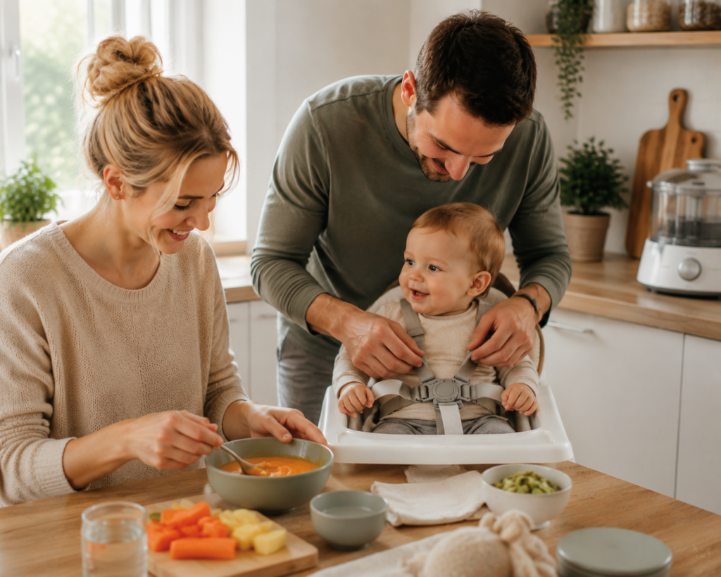 Der Vater sichert sein Kleinkind im Hochstuhl mit einem 5-Punkt-Gurt, während die Mutter das Babyessen vorbereitet.
