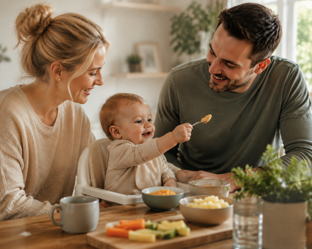 Mama, Papa und ihr Kleinkind starten gemeinsam entspannt mit der Beikost am Esstisch.