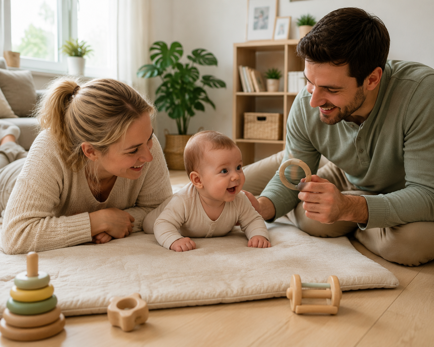 Eltern begleiten ihr drei Monate altes Baby liebevoll bei der Tummy Time auf einer weichen Spielmatte im Wohnzimmer.