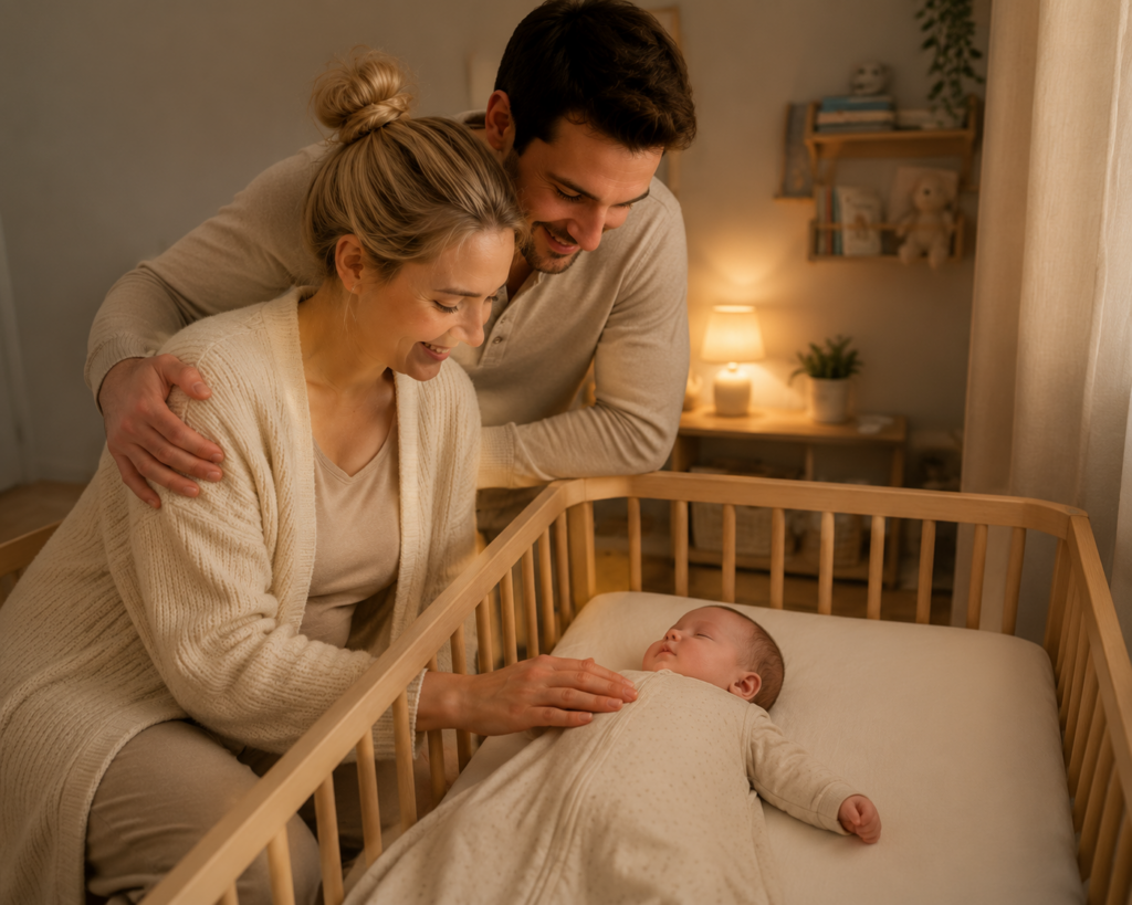 Mutter und Vater begleiten ihr schlafendes Baby liebevoll im Gitterbett während der ruhigen Abendroutine.