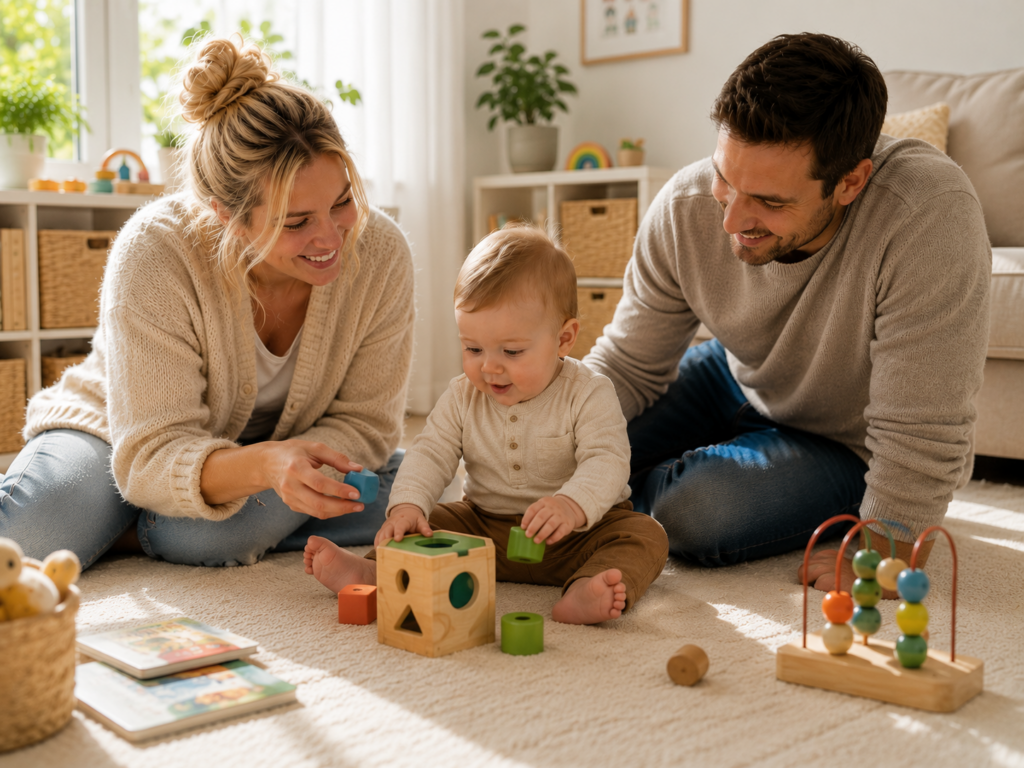 Mutter und Vater fördern ihr Baby mit altersgerechten Holzspielzeugen beim gemeinsamen Spielen im Wohnzimmer.