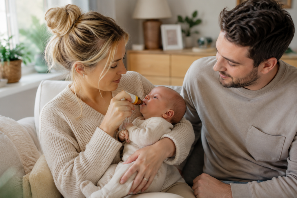 Alternativtext Mutter gibt ihrem Frühchen Vitamin-D-Tropfen, während der Vater liebevoll zusieht.