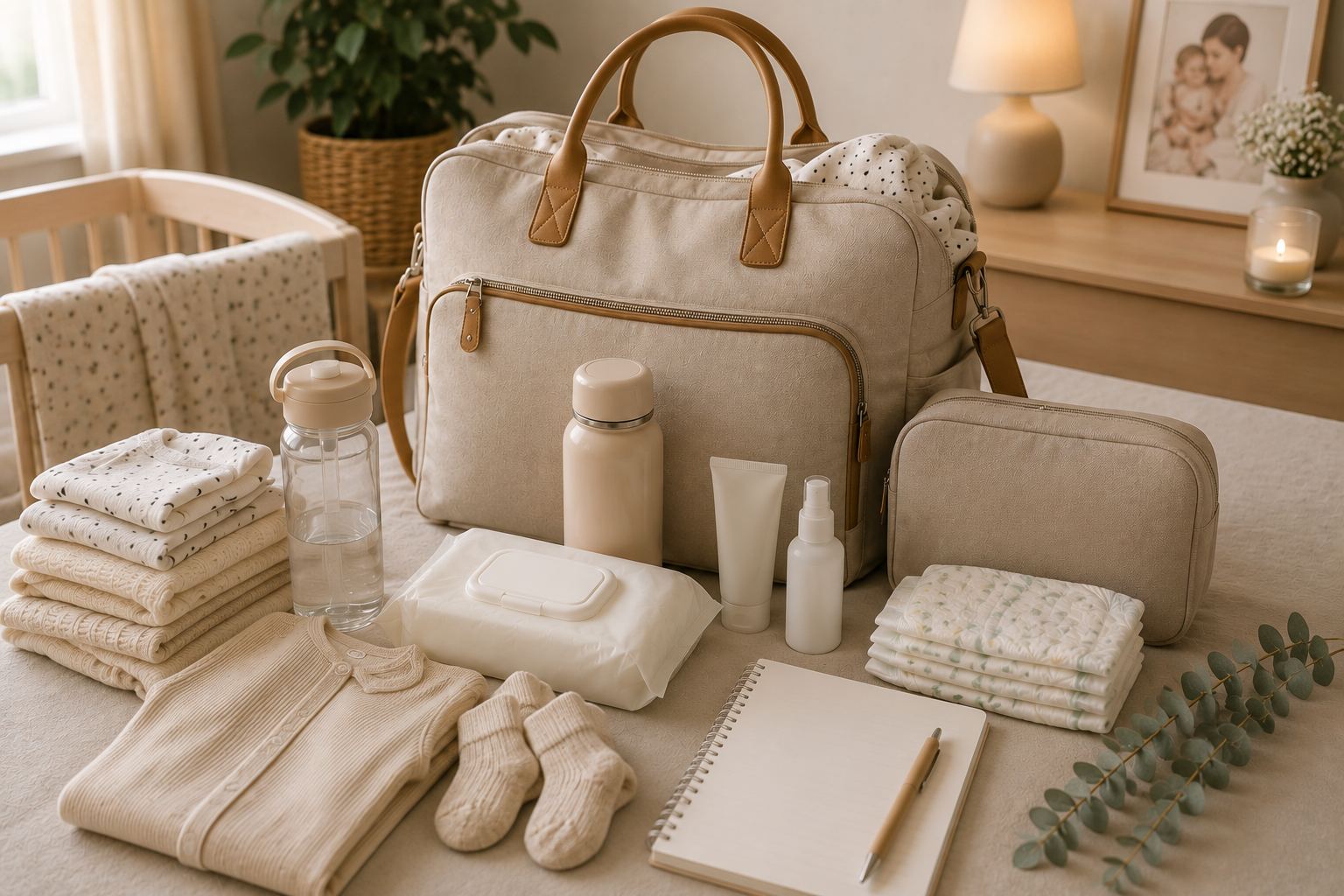 Wickeltasche mit Babykleidung, Windeln und Pflegeprodukten als Wochenbett-Must-haves für die ersten Tage mit dem Neugeborenen.