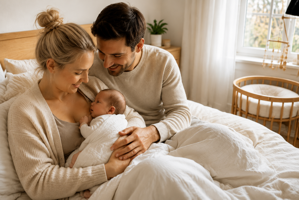 Mutter und Vater halten ihr 5 Wochen altes Baby liebevoll im Arm und genießen einen ruhigen Familienmoment im hellen Schlafzimmer.