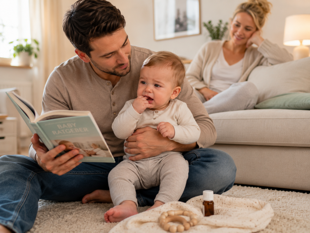 Vater beobachtet sein zahnendes Baby aufmerksam und informiert sich über passende Unterstützung bei Zahnungsbeschwerden.