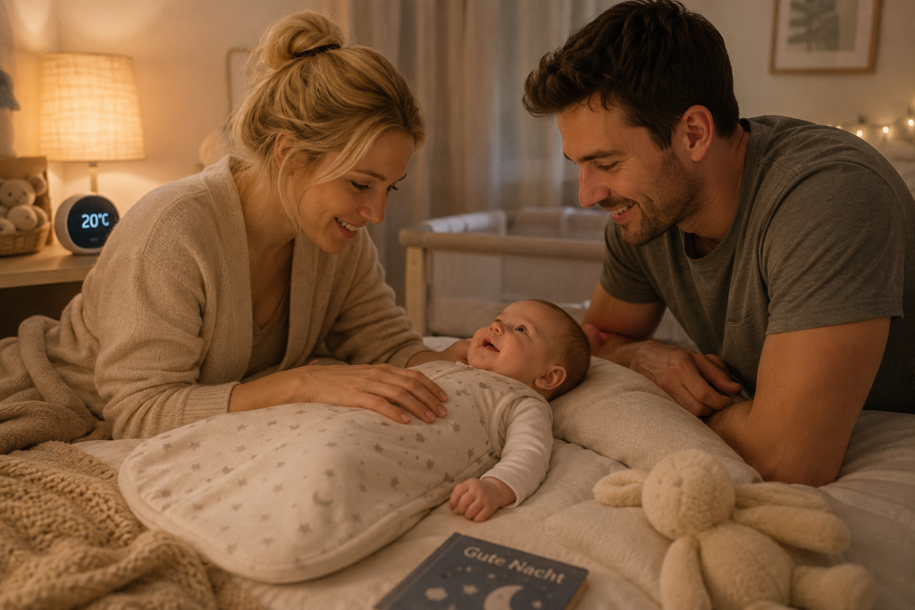 Eltern legen ihr Baby in einem Babyschlafsack liebevoll zum Schlafen ins Bett