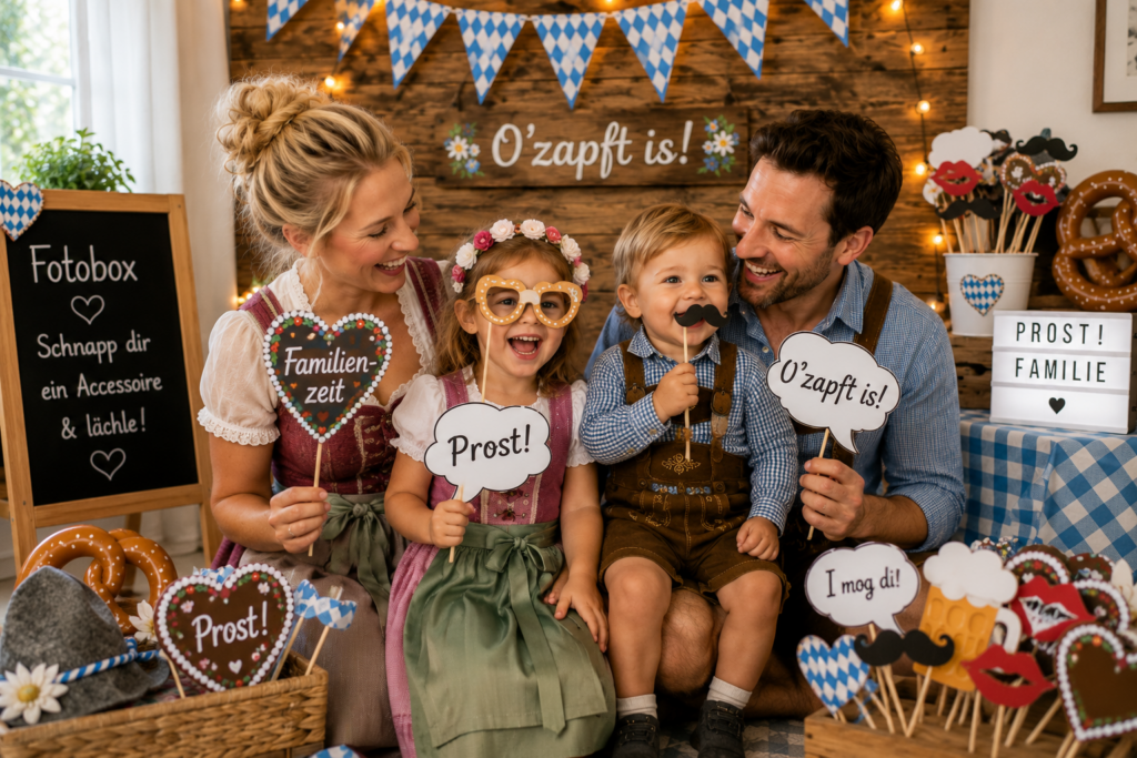 Alt-Text: Familie mit lustigen Oktoberfest-Accessoires in einer festlich dekorierten Fotobox zu Hause