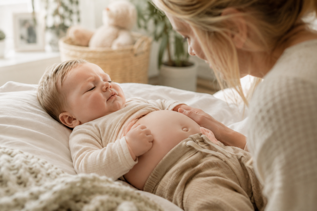 Baby mit leicht geblähtem Bauch liegt auf einer Decke, während die Mutter den Bauch sanft berührt und fürsorglich nach dem Kind schaut.