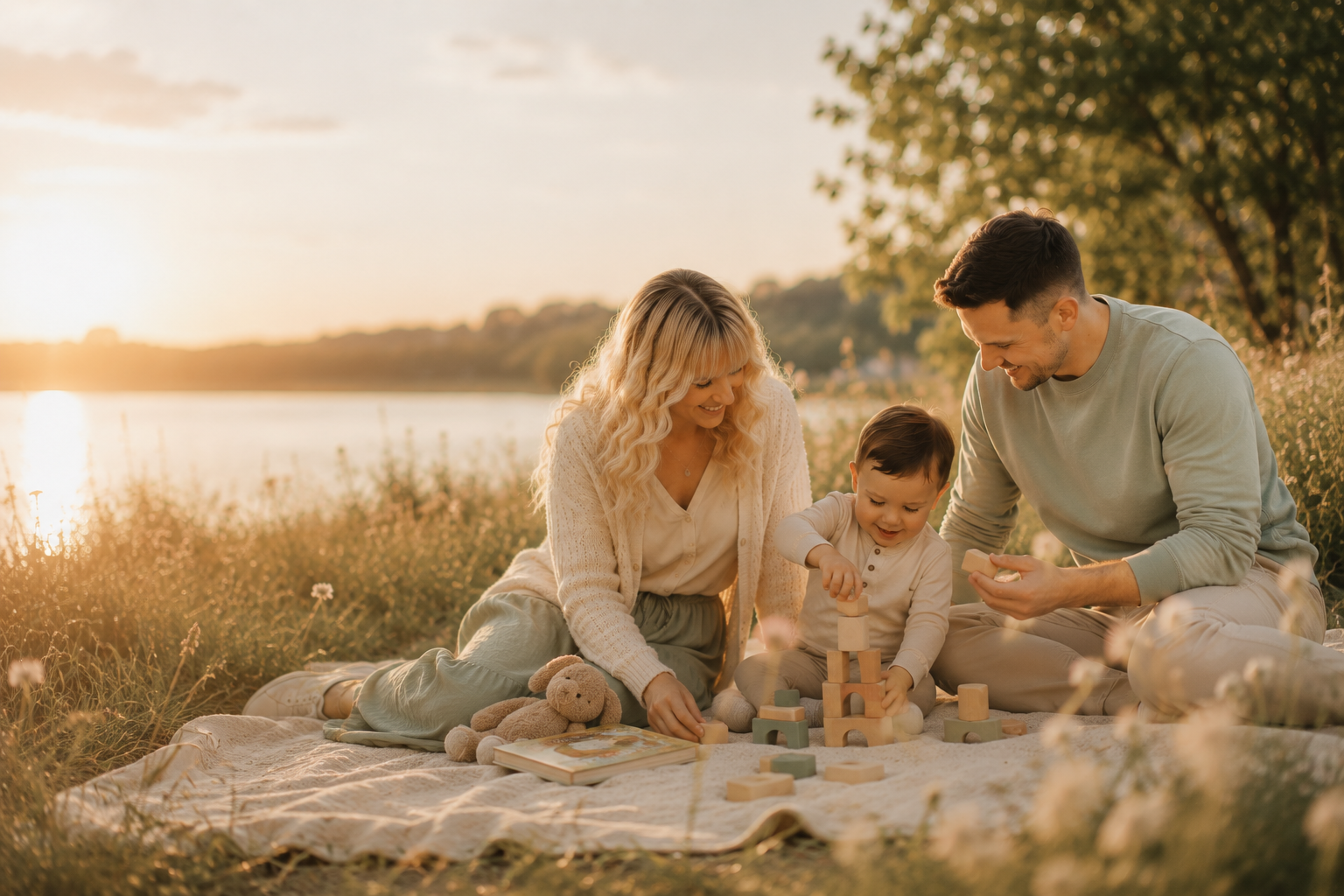 Eine junge Familie verbringt gemeinsam Zeit auf einer Picknickdecke am See.