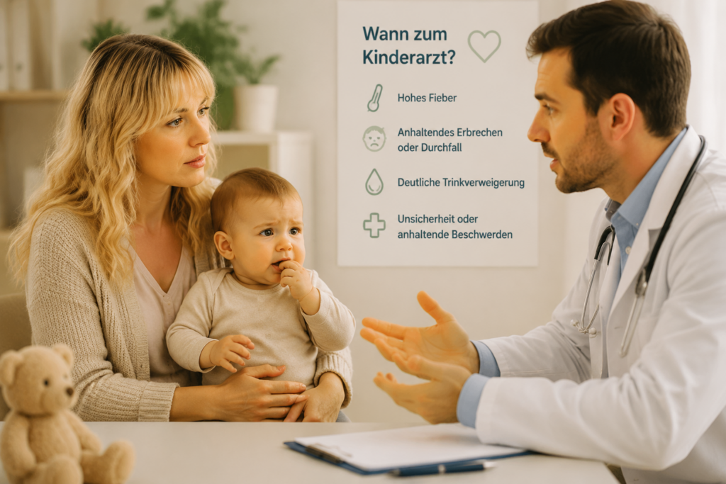 Mutter mit Baby beim Kinderarztgespräch wegen Beschwerden beim Zahnen