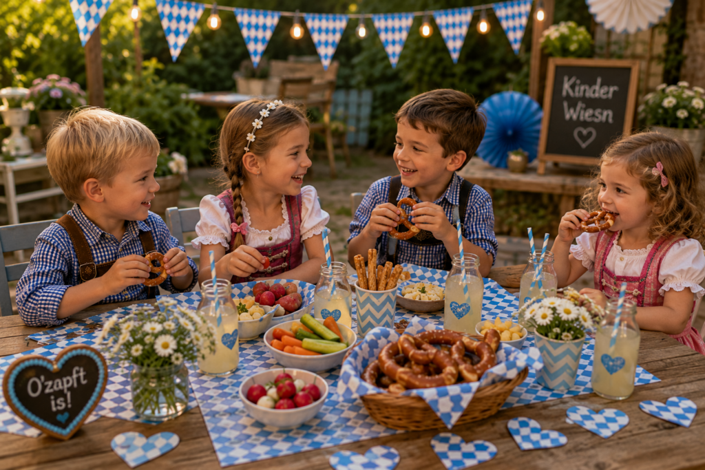 Liebevoll dekorierter Kindertisch im Oktoberfest-Stil mit Brezeln, Gemüsesticks, alkoholfreien Getränken und fröhlichen Kindern im Garten.