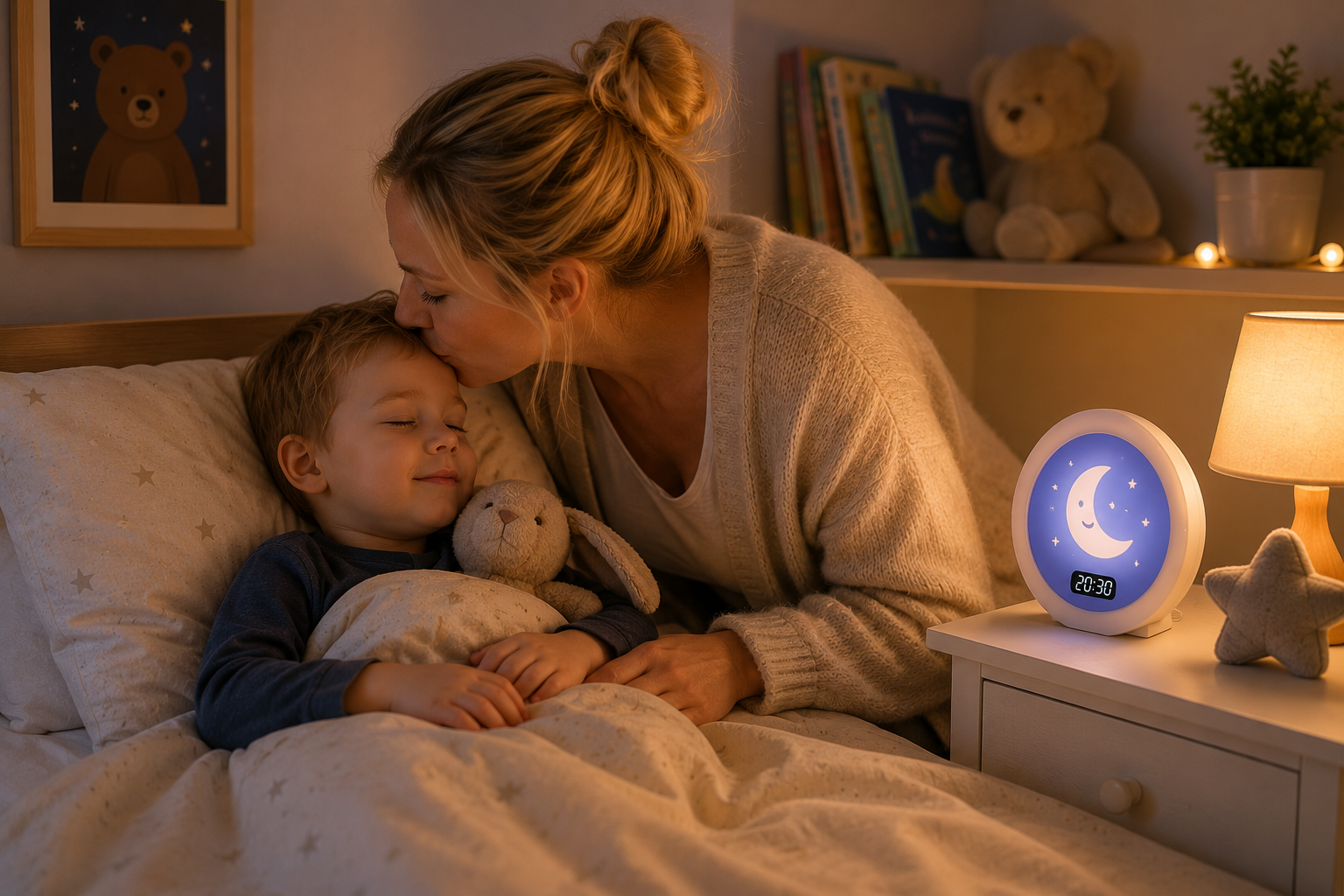 Mutter bringt ihr Kleinkind liebevoll ins Bett, während ein Schlaftrainer mit Mondsymbol die Schlafenszeit anzeigt.