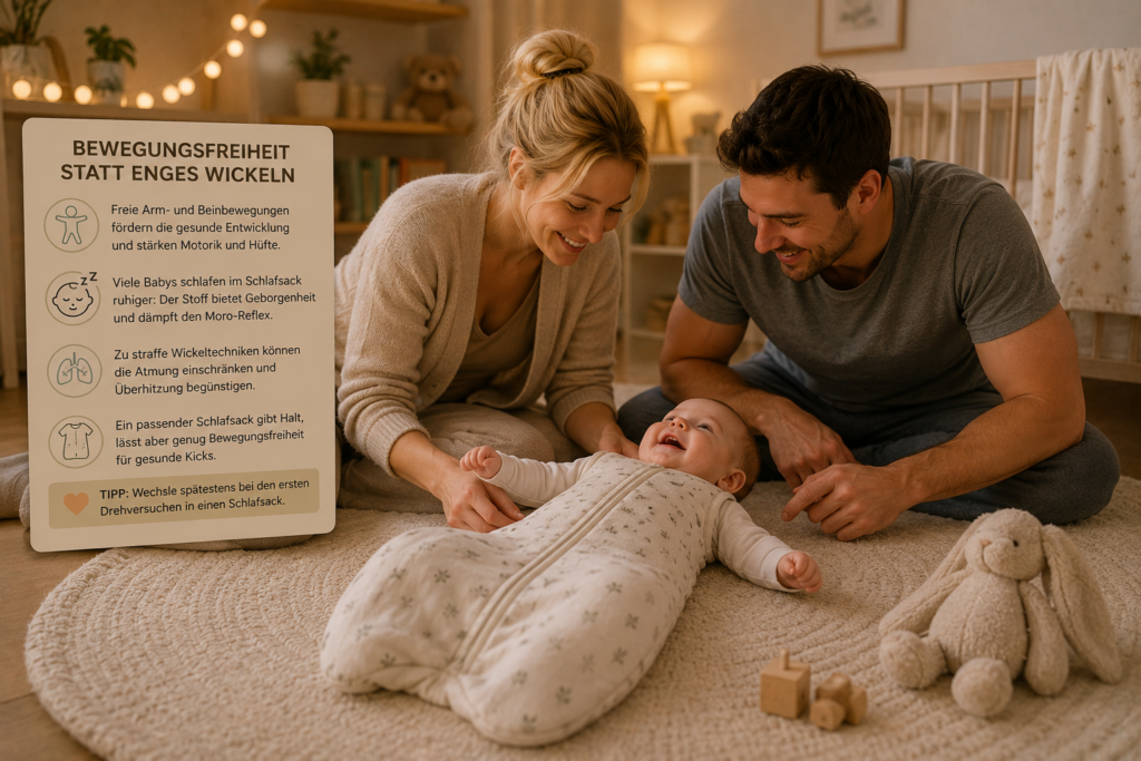 Baby bewegt sich frei in einem Babyschlafsack, während die Eltern liebevoll mit ihm auf dem Kinderzimmerboden spielen.