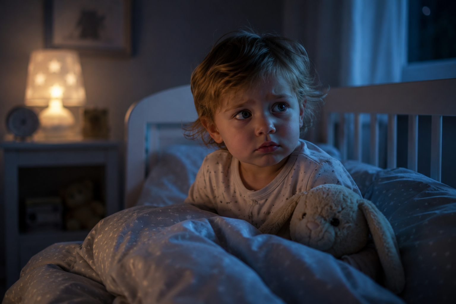 Kleinkind sitzt nachts wach im Bett und hält einen Stoffhasen im Arm.