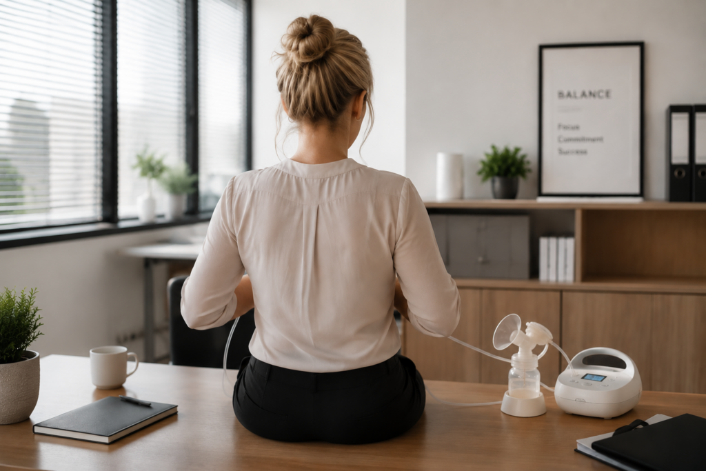 Stillende Mutter pumpt nach dem Berufswiedereinstieg in einem modernen Büro Muttermilch ab
