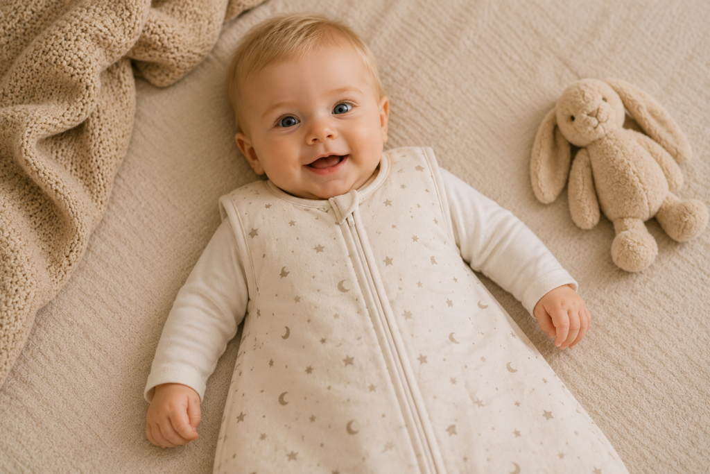 Waches Baby liegt entspannt in einem weichen Babyschlafsack auf einer hellen Decke.