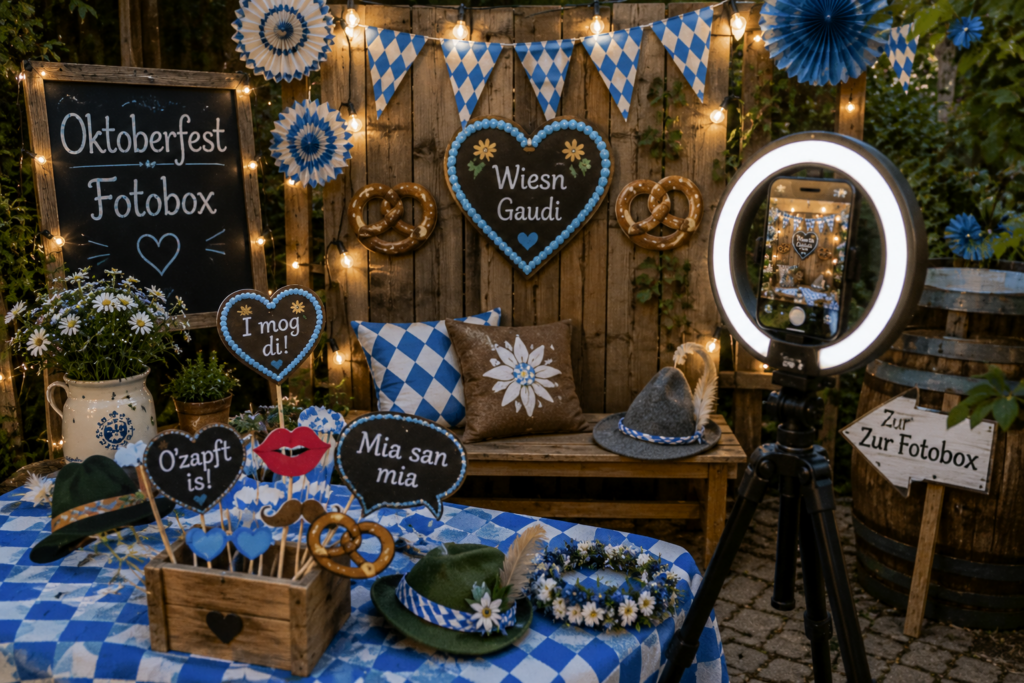 Liebevoll dekorierte Oktoberfest-Fotobox mit blau-weißen Girlanden, Holzhintergrund, Fotorequisiten und Ringlicht für ein Familienfest zuhause.