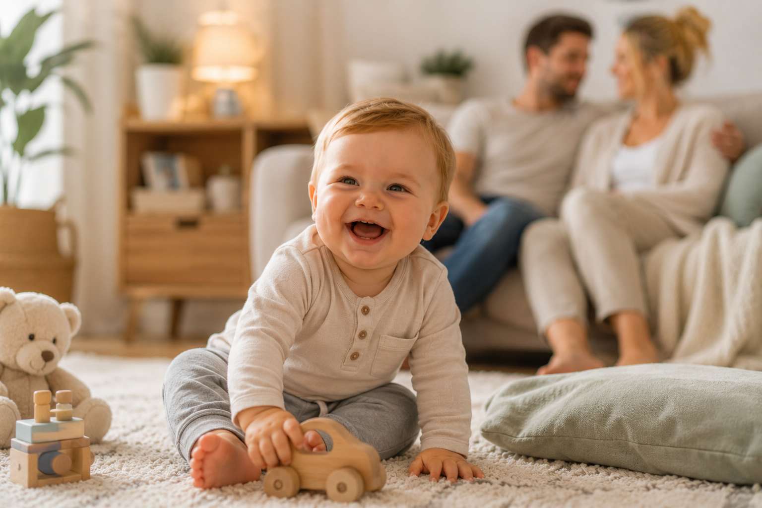 Fröhliches Baby spielt zufrieden auf dem Teppich, während Mama und Papa im unscharfen Hintergrund erleichtert und entspannt zusehen.
