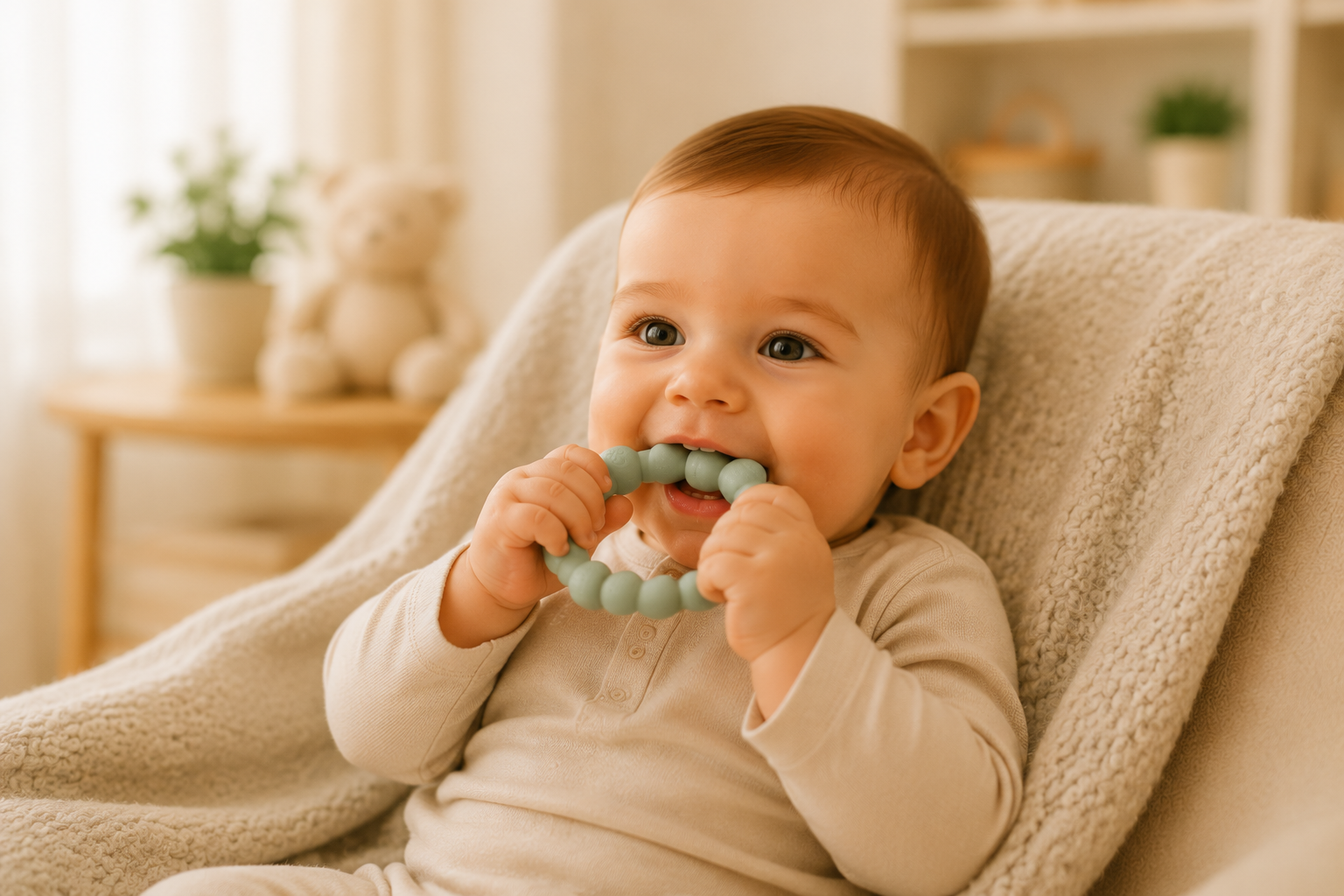 Baby kaut auf einem Beißring zur Linderung von Zahnungsbeschwerden in einer gemütlichen Umgebung