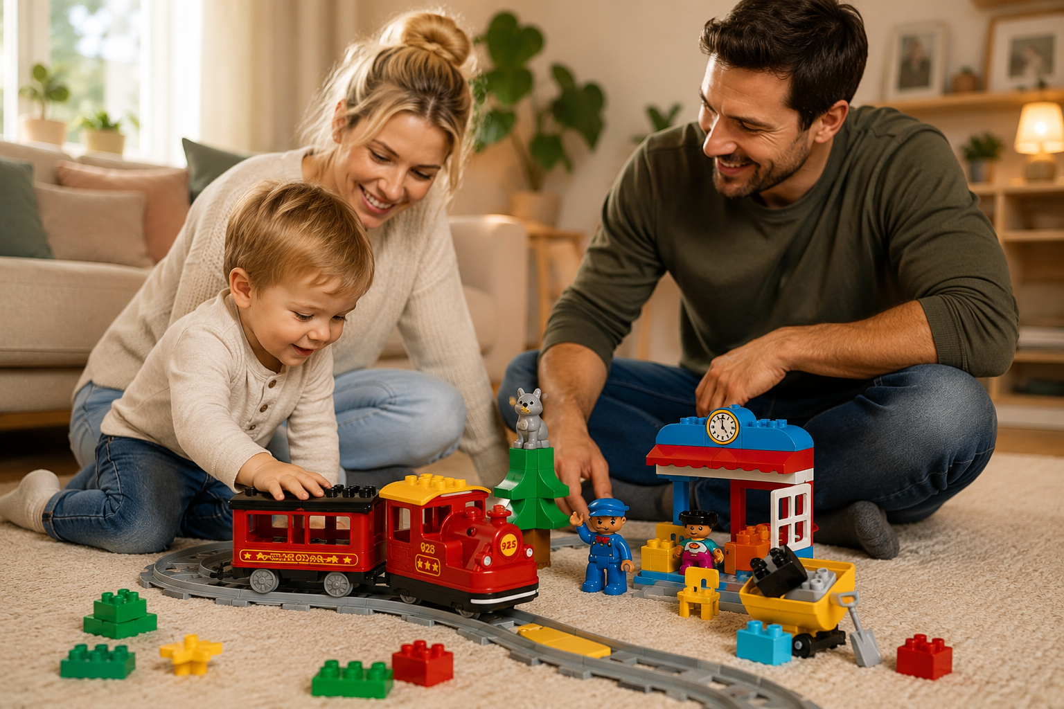 Kleinkind spielt gemeinsam mit seinen Eltern mit der LEGO DUPLO Push & Go Eisenbahn im Wohnzimmer.