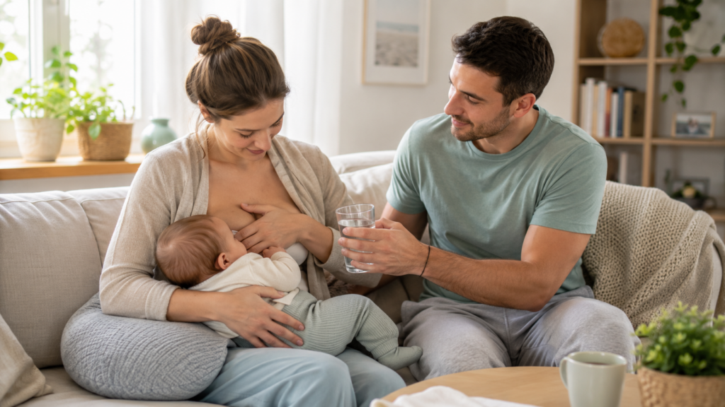 Mutter stillt ihr Baby bei einem Milchstau im hellen Wohnzimmer