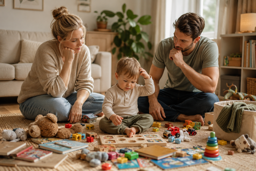 Kleinkind wirkt von vielen Spielsachen überfordert, während Mutter und Vater es aufmerksam beobachten.