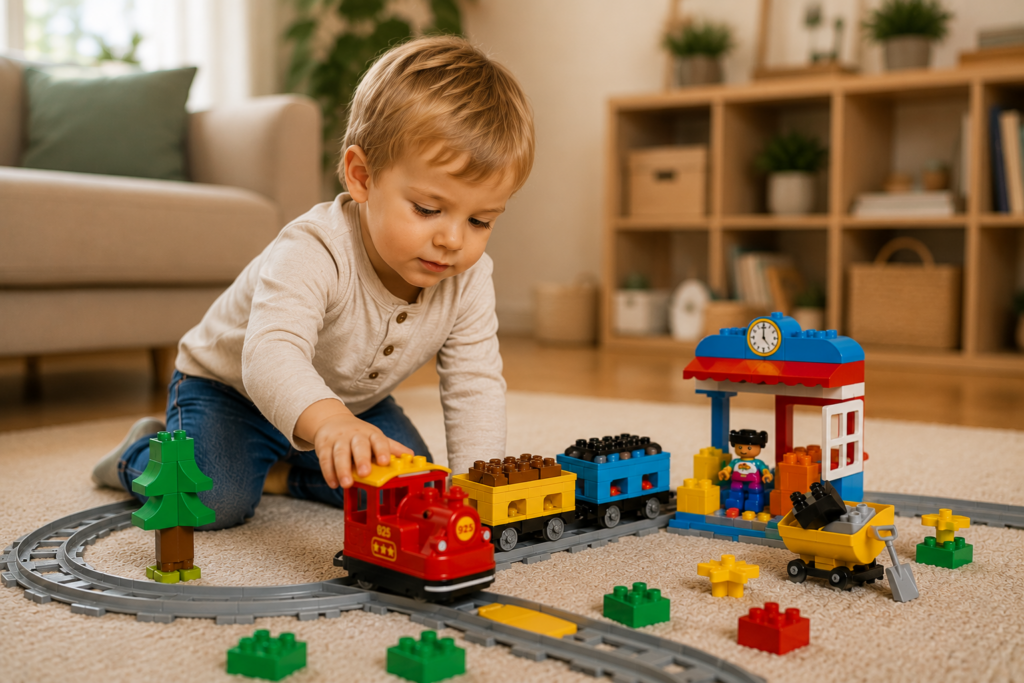 Kleinkind spielt konzentriert mit der LEGO DUPLO Push & Go Eisenbahn auf einer Schienenstrecke im Wohnzimmer.