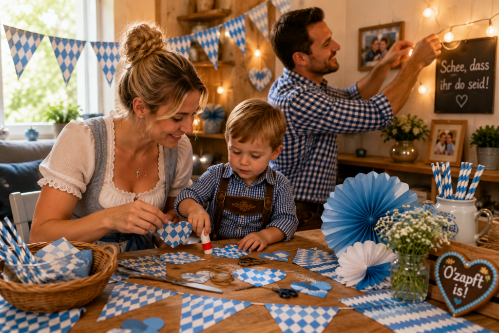 Familie bastelt gemeinsam blau-weiße Oktoberfest-Dekoration mit Wimpeln, Papierherzen und Lichterkette im Wohnzimmer.