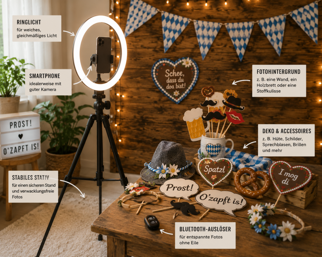 Einfaches Technik-Setup für eine Oktoberfest-Fotobox mit Smartphone, Stativ, Ringlicht und Fotobox-Requisiten.