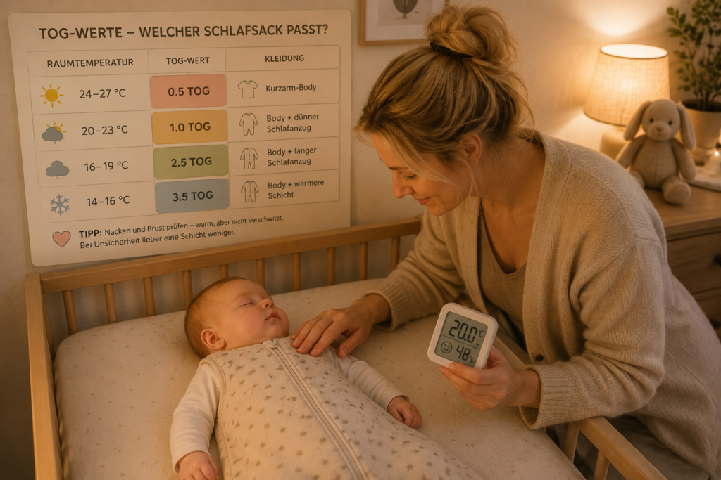 Mama prüft die Raumtemperatur und kontrolliert den Babyschlafsack ihres schlafenden Babys anhand der TOG-Werte.