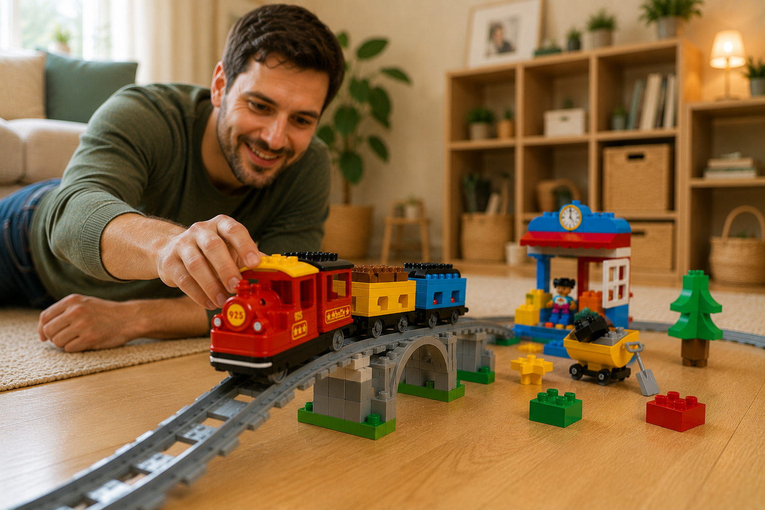 Vater spielt mit der LEGO DUPLO Push & Go Eisenbahn, während der Zug über eine Brücke auf der Schienenstrecke fährt.