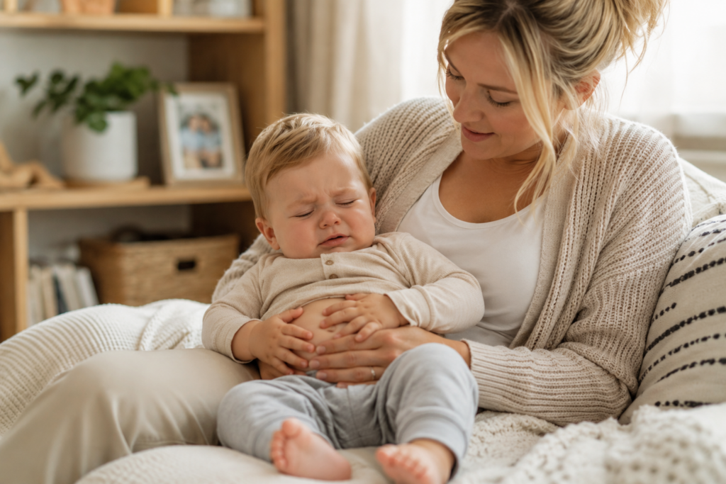 Mutter hält ihr Kleinkind mit Blähungen liebevoll im Arm und beruhigt es mit einer sanften Bauchmassage.