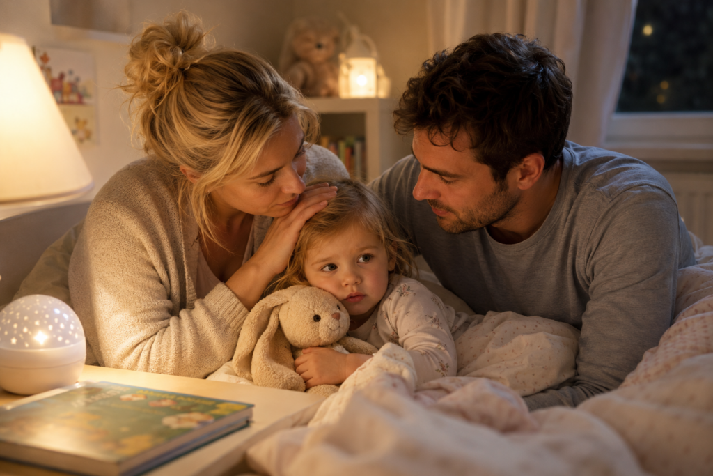 Mama und Papa begleiten ihr Kleinkind liebevoll beim Einschlafen im gemütlichen Kinderzimmer.