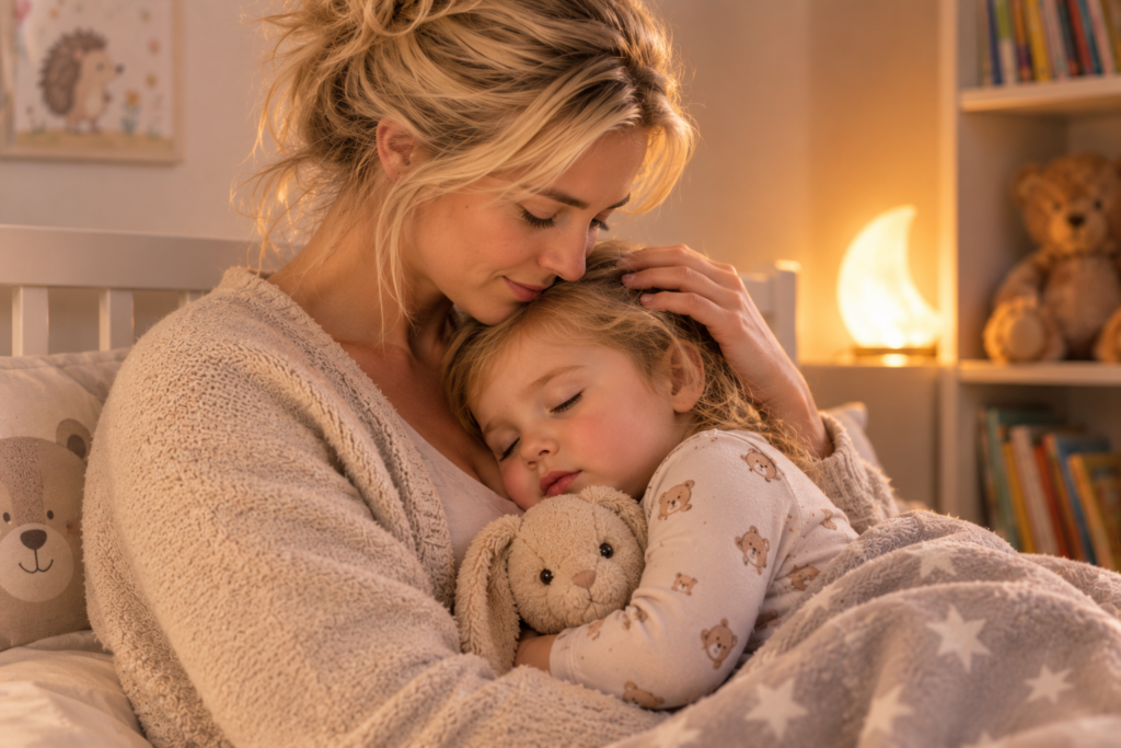 Mama hält ihr schlafendes Kleinkind liebevoll im Arm und begleitet es beim Einschlafen.