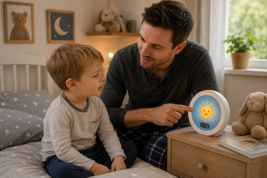Vater erklärt seinem Kleinkind im Kinderzimmer einen Schlaftrainer mit Sonne als Aufsteh-Symbol.