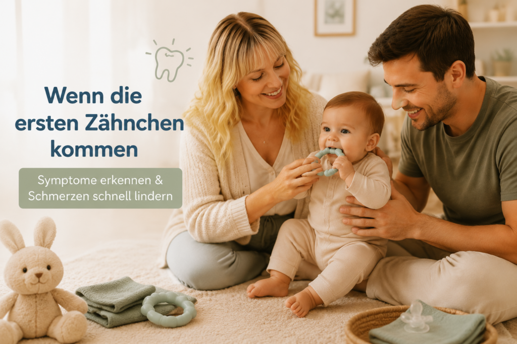 Eltern begleiten ihr Baby beim Zahnen mit einem Beißring in einer warmen Familiensituation
