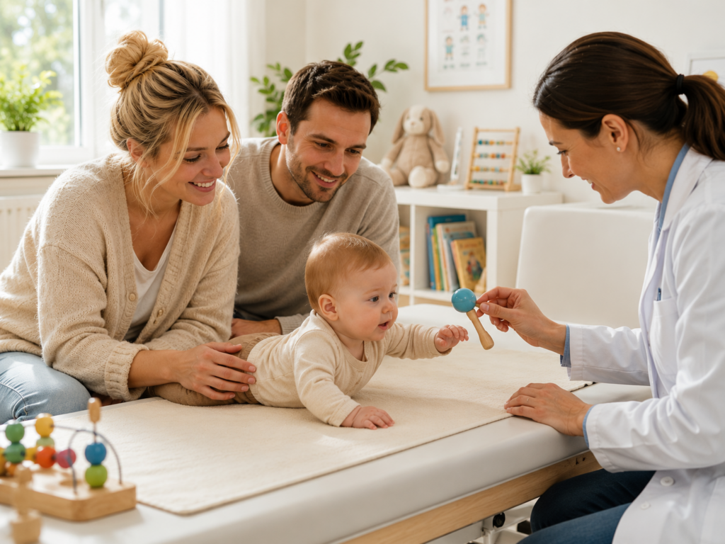 Kinderarzt beobachtet gemeinsam mit den Eltern die motorische Entwicklung eines Babys während einer Vorsorgeuntersuchung.