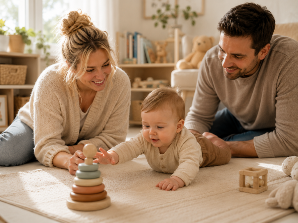 Eltern unterstützen ihr Baby spielerisch bei einer motorischen Übung auf einer Krabbeldecke.
