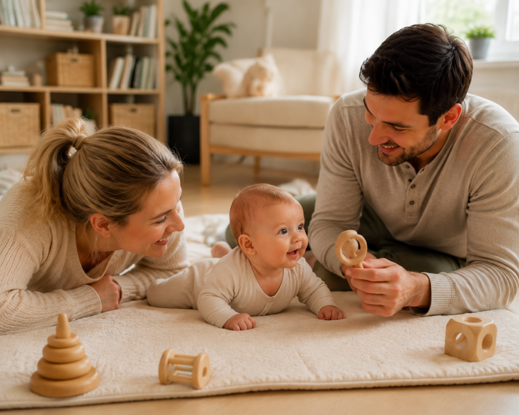 Mutter und Vater fördern ihr etwa drei Monate altes Baby während der Tummy Time auf einer weichen Spielmatte mit einem Holzspielzeug.