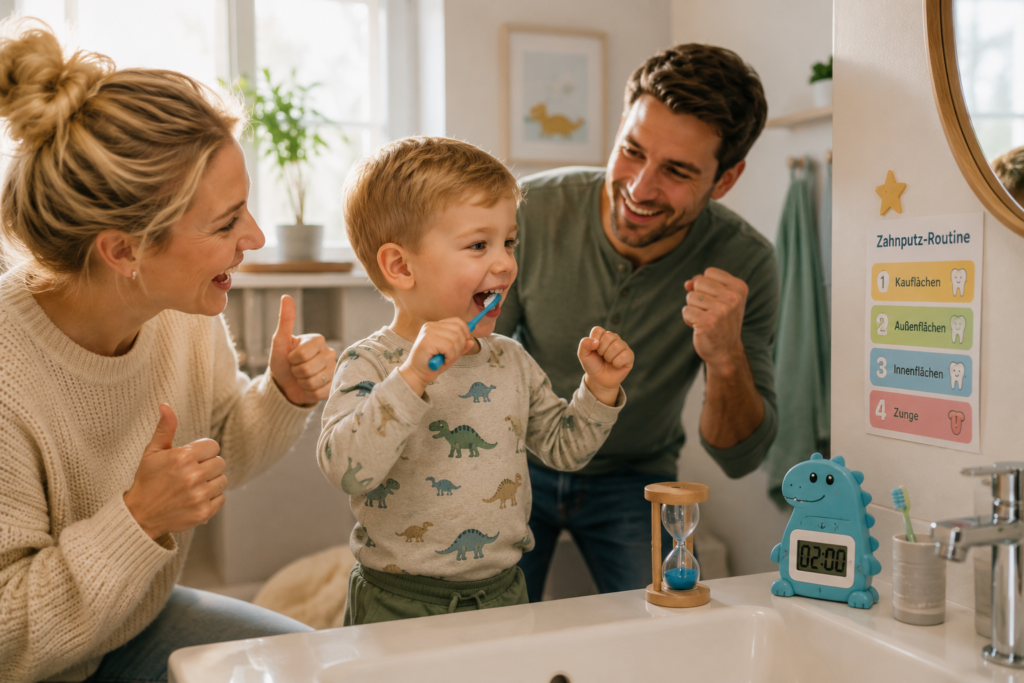 Kleinkind putzt begeistert seine Zähne, während Mutter und Vater es liebevoll motivieren und gemeinsam den Erfolg feiern.