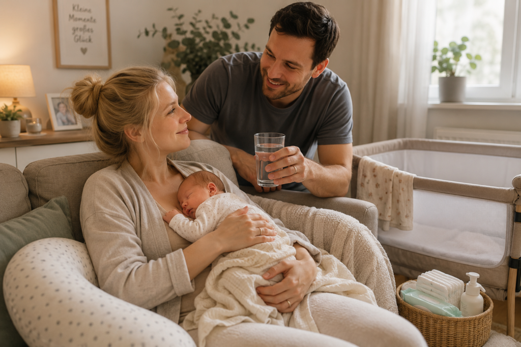Mama hält ihr schlafendes Neugeborenes im Arm, während der Papa ihr im Wochenbett liebevoll ein Glas Wasser reicht.