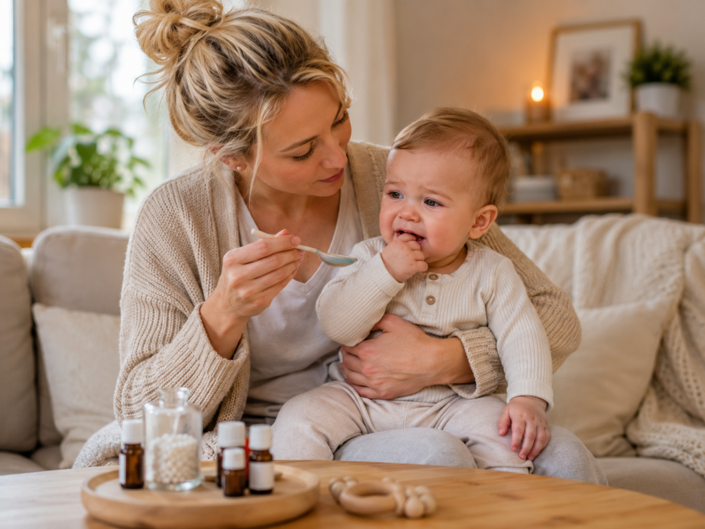 Mutter hält ihr zahnendes Baby auf dem Schoß und bereitet homöopathische Globuli zur unterstützenden Anwendung vor.