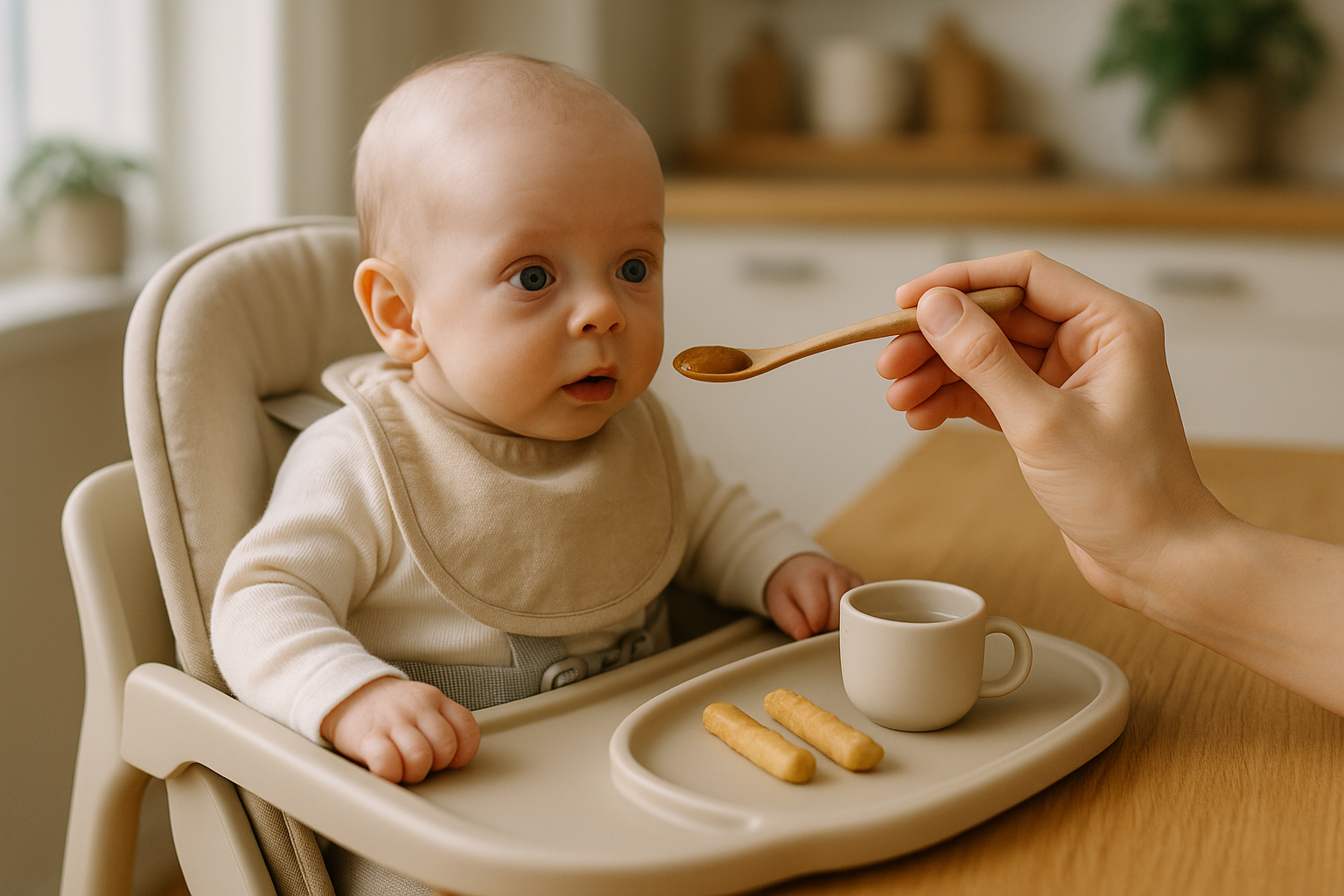 Beikoststart beim Frühchen: gestütztes Sitzen, winzige Löffelportion eisenreicher Brei und Mini-Becher – sanfte Frühchen-Ernährung.