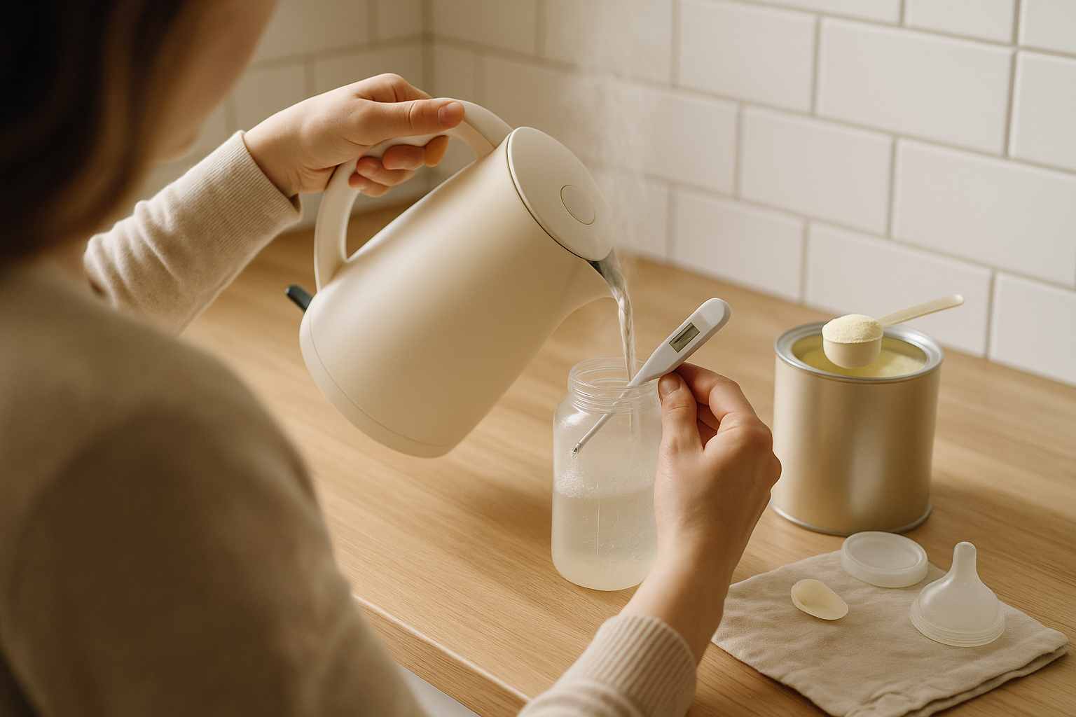 Pulvermilch sicher zubereiten: 70°C Wasser, steriles Fläschchen und Slow-Flow-Sauger – Hygiene für die Frühchen-Ernährung.