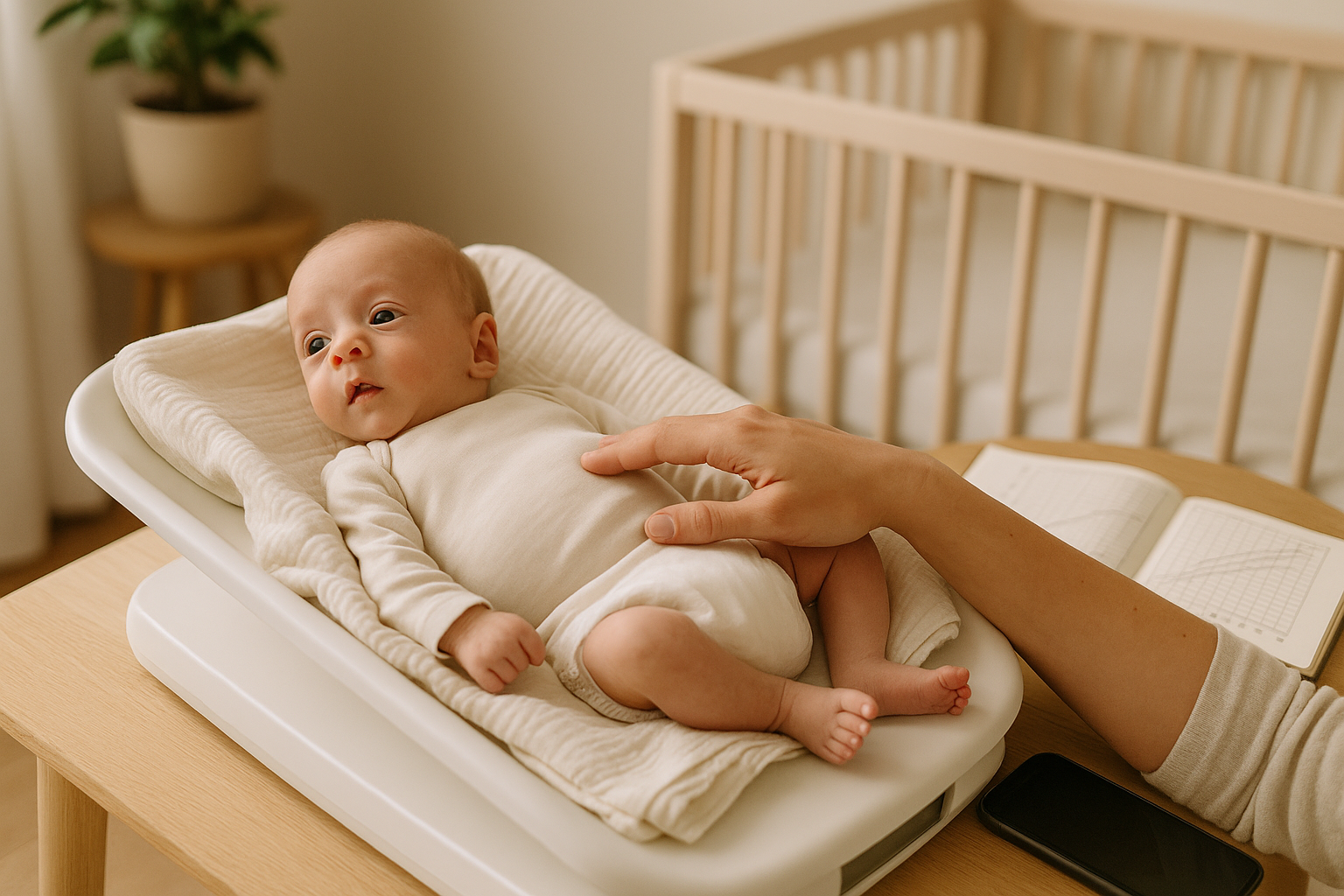 Wiegen zu Hause: Elternhand beruhigt Baby auf Waage, Notizen daneben – Wachstumstracking für die Frühchen-Ernährung.