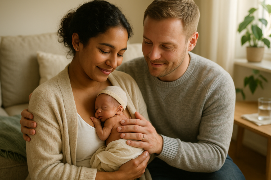 Eltern kuscheln mit ihrem fruehchen zu hause im warmen Tageslicht, ruhige Stimmung im Wohnzimmer.