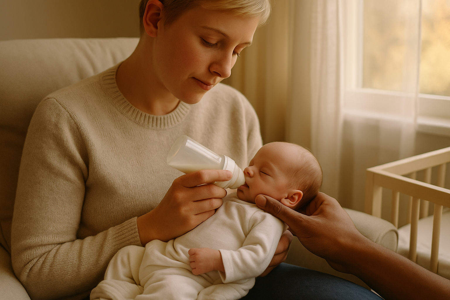 Paced Bottle Feeding mit fruehchen zu hause: halbaufrechte Haltung, langsamer Sauger, ruhige Fuetterung.